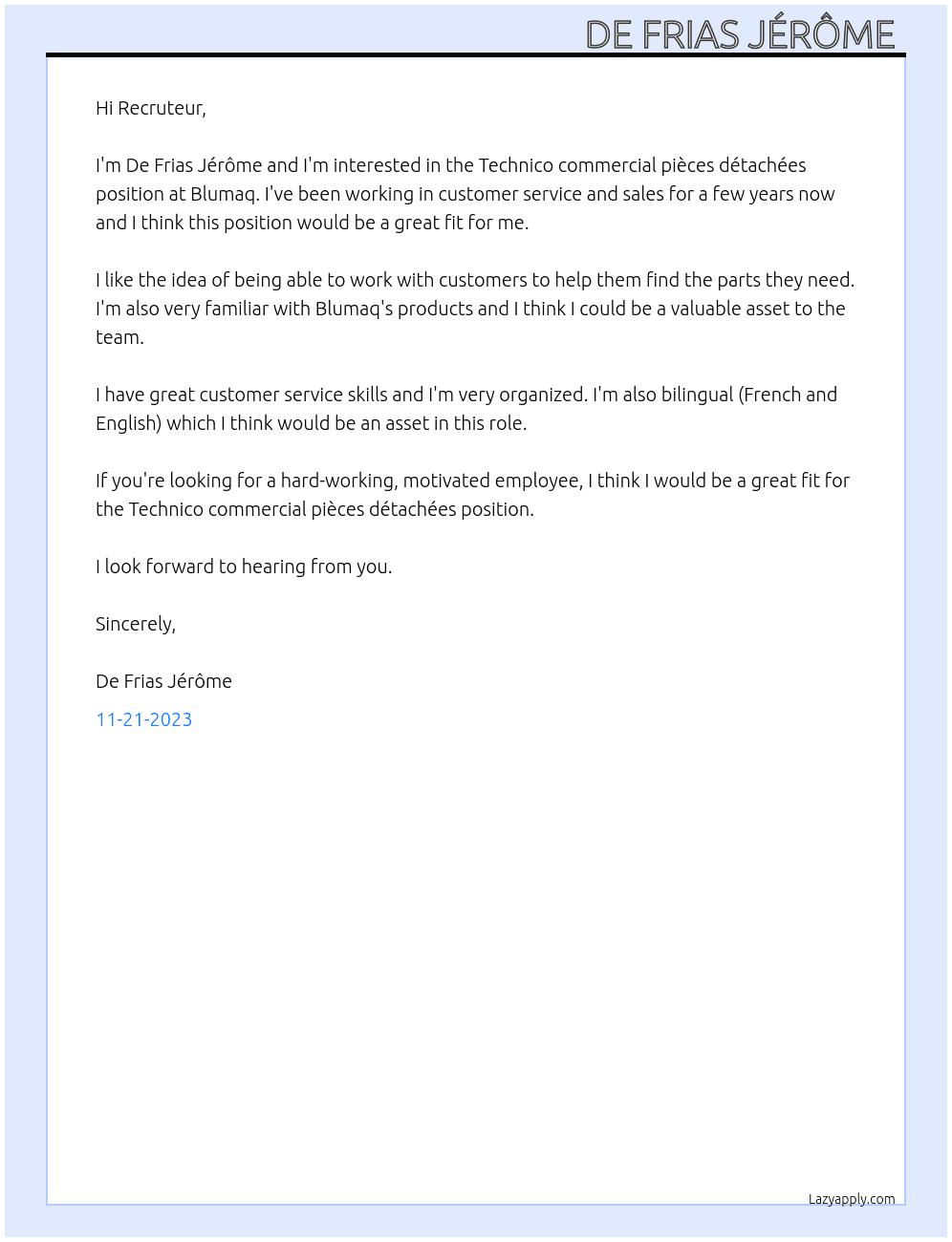 Technico commercial pièces détachées  At Blumaq Cover Letter