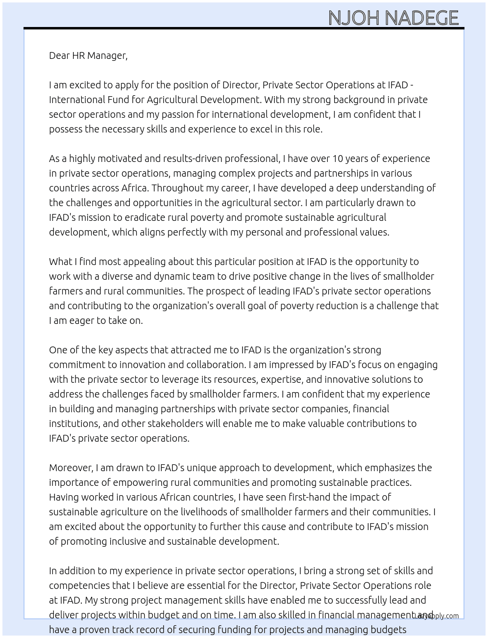 Director, Private Sector Operations At  IFAD - International Fund for Agricultural Developmen Cover Letter