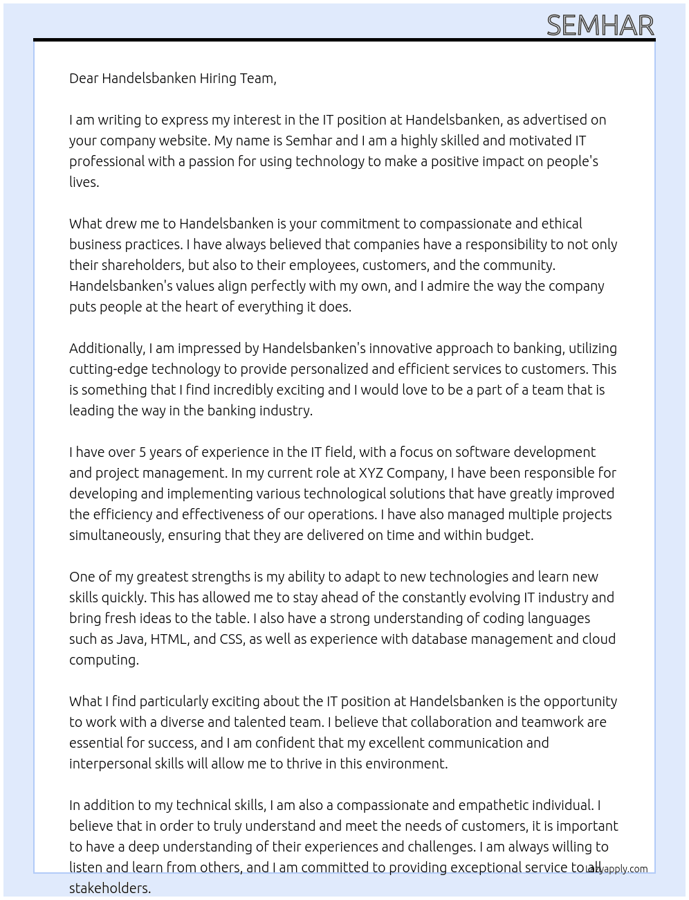it  At handelsbanken Cover Letter