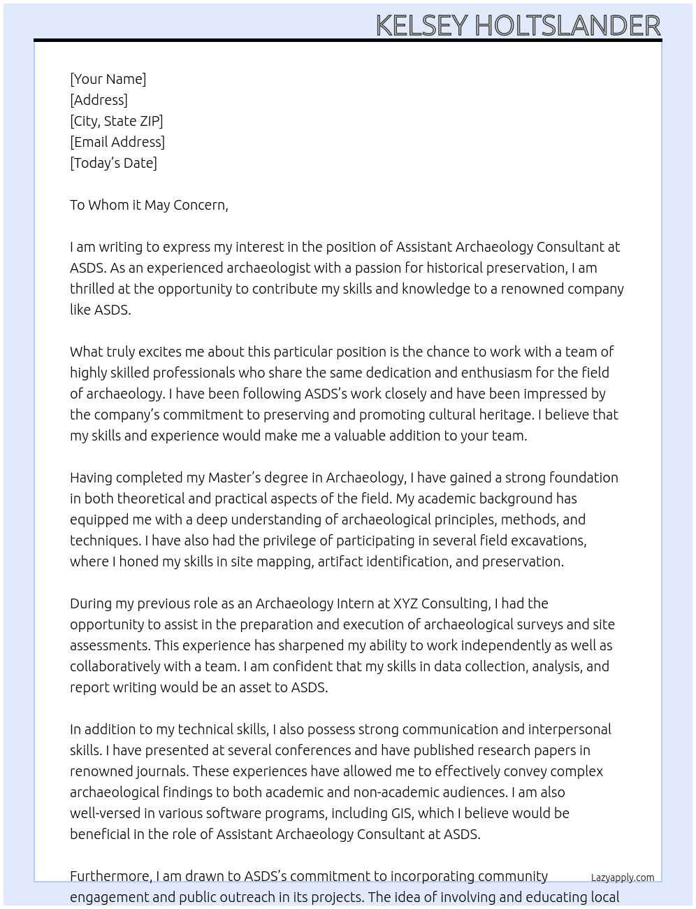 Assistant Archaeology Consultant At ASDS Cover Letter