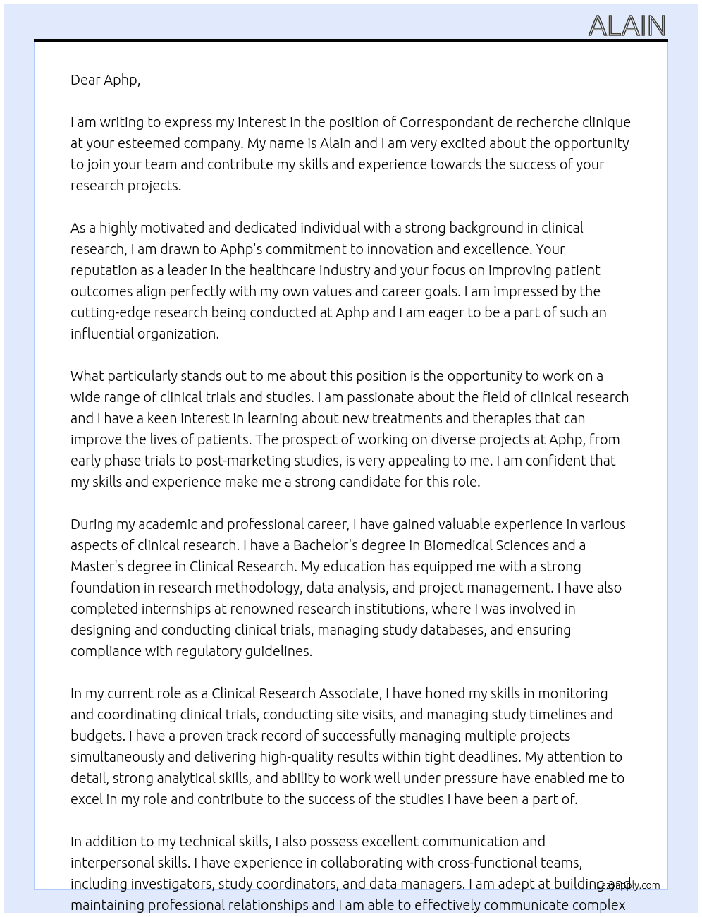 Correspondant de recherche clinique At aphp Cover Letter
