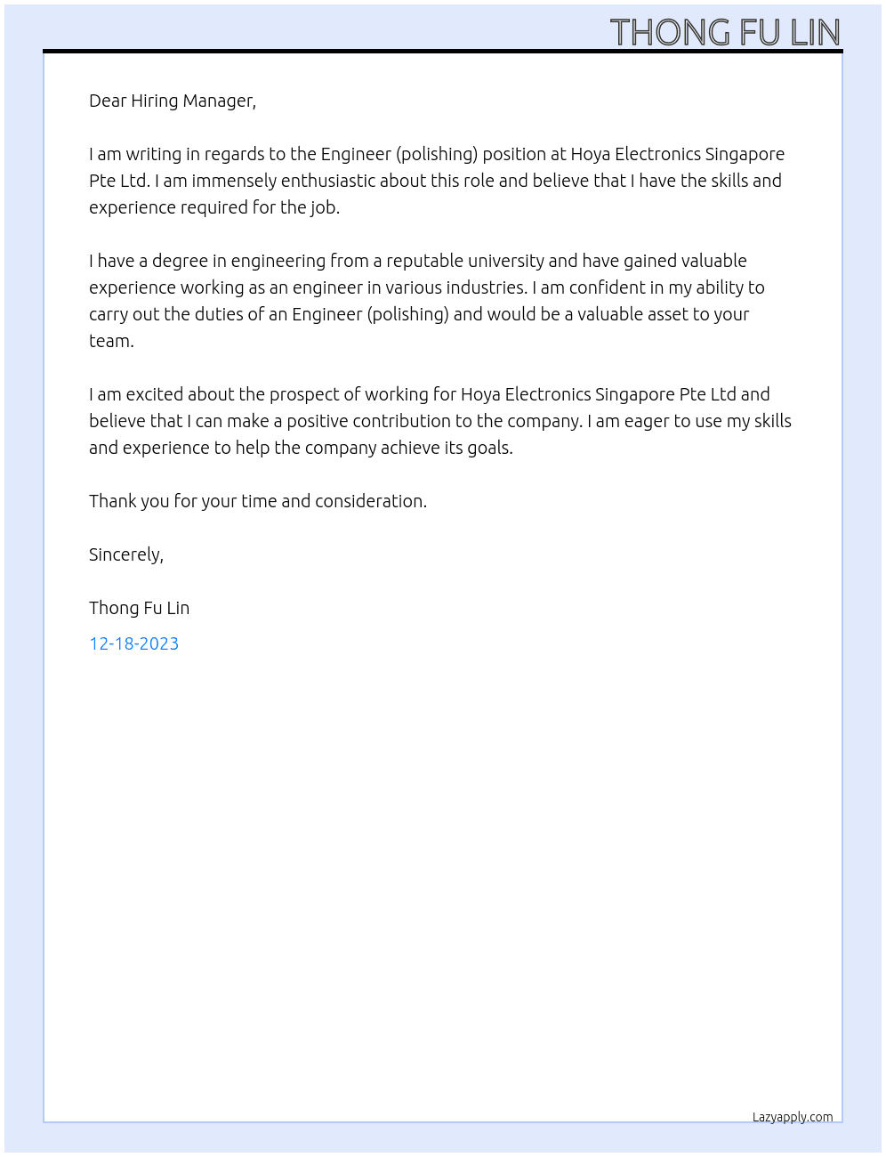Engineer (polishing) At Hoya Electronics Singapore Pte Ltd Cover Letter