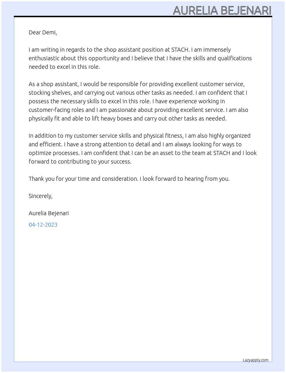 Shop Assistant  At STACH Cover Letter