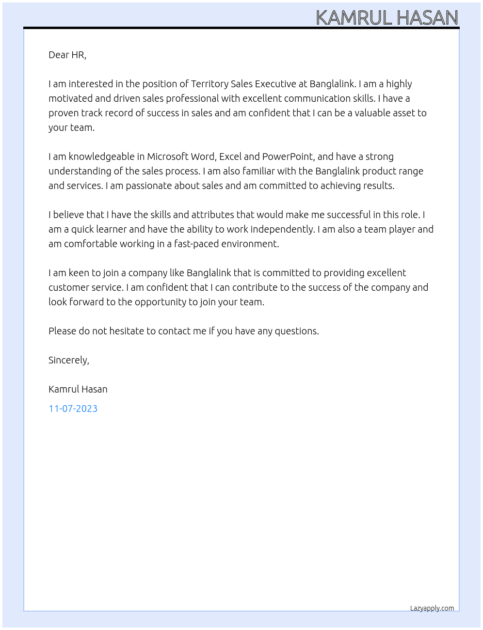Territory sales Executive  At Banglalink  Cover Letter