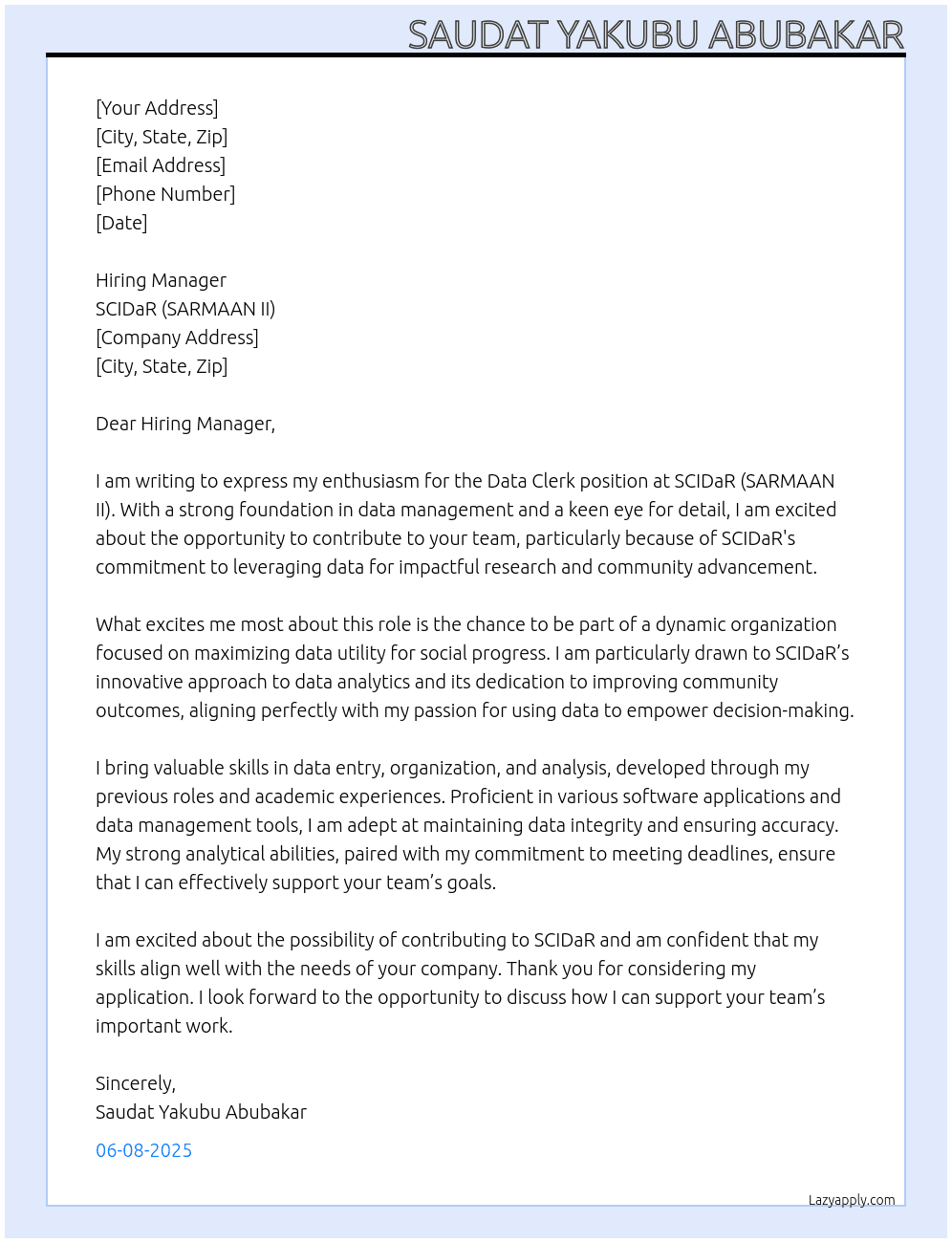 Cover letter for data clark - LazyApply