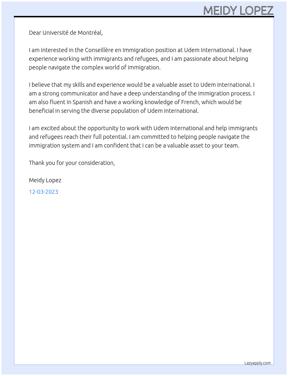 Conseillère en Immigration  At Université de Montréal Cover Letter