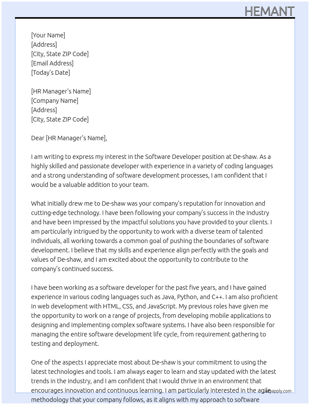 software developer  At De-shaw Cover Letter