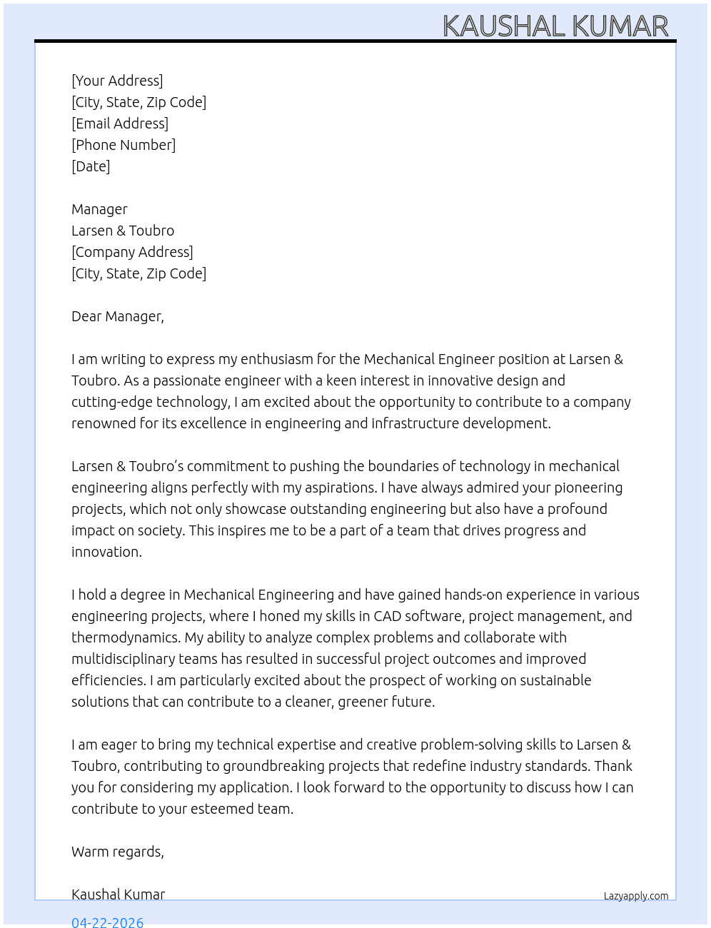 Cover letter for mechanical engineer - LazyApply