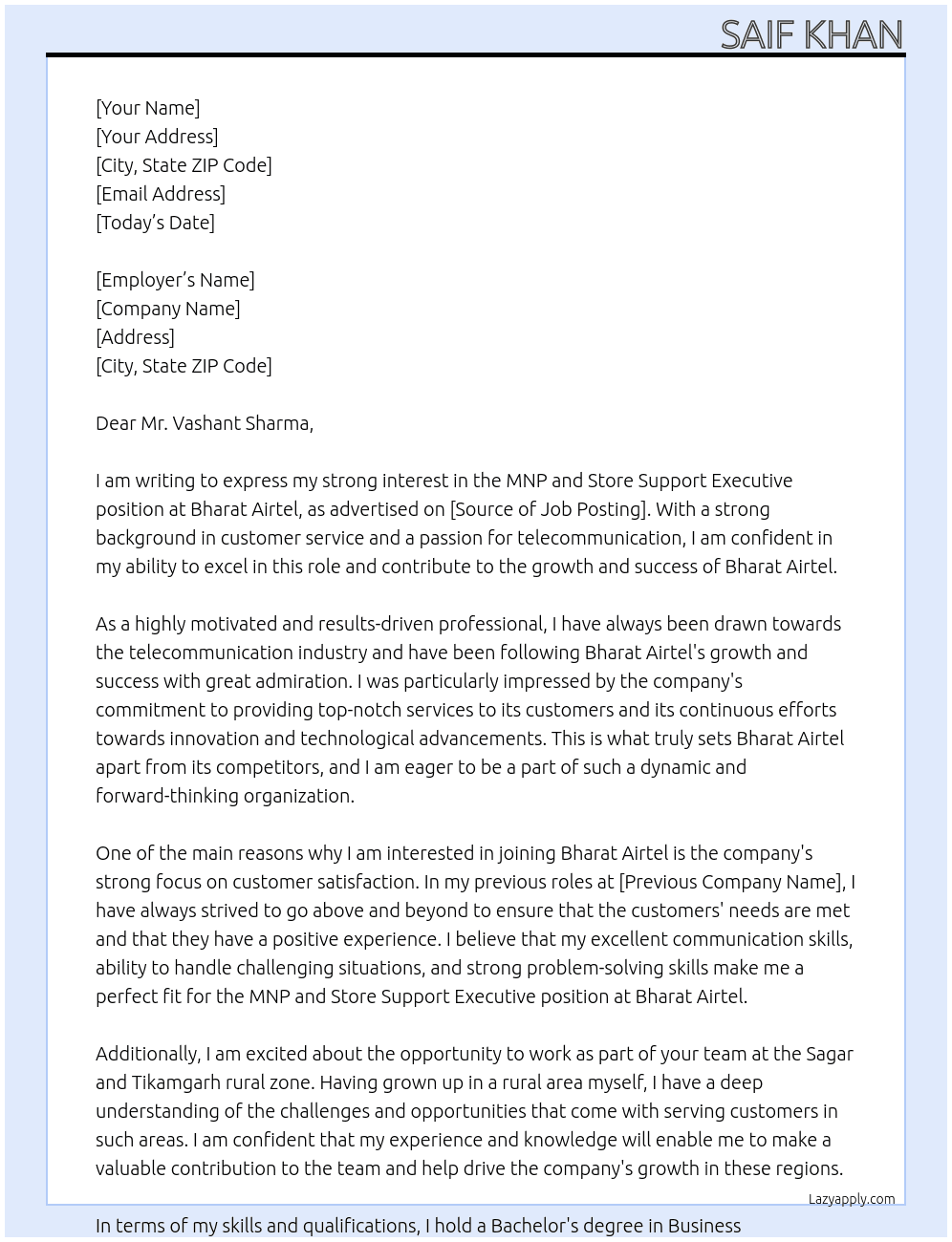 MNP and store support executive  At Bharat Airtel  Cover Letter