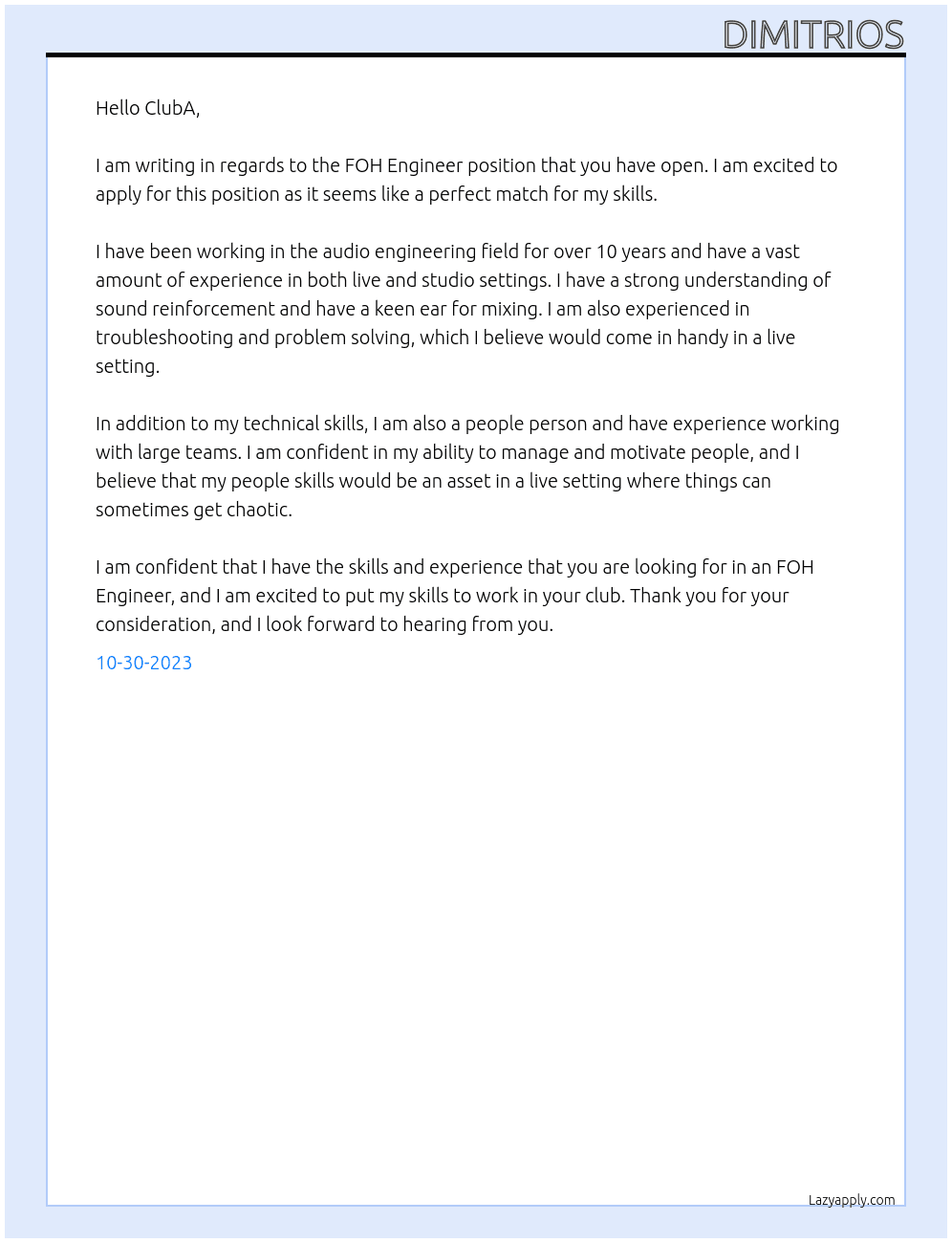 FOH Engineer At ClubA Cover Letter