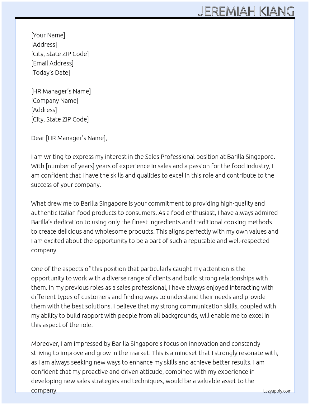 Sales Professional At Barilla Singapore Cover Letter