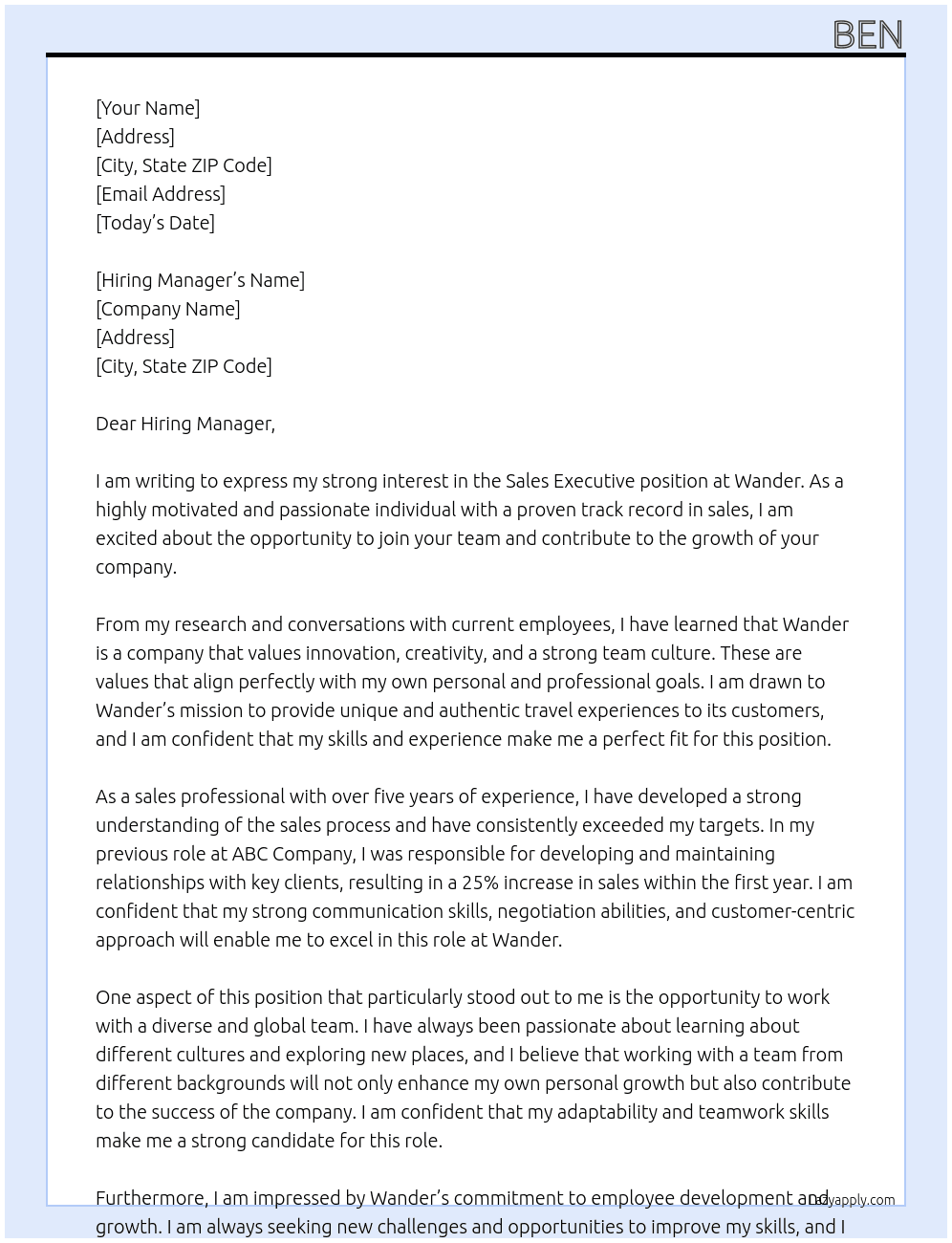 Sales executive At Wander Cover Letter