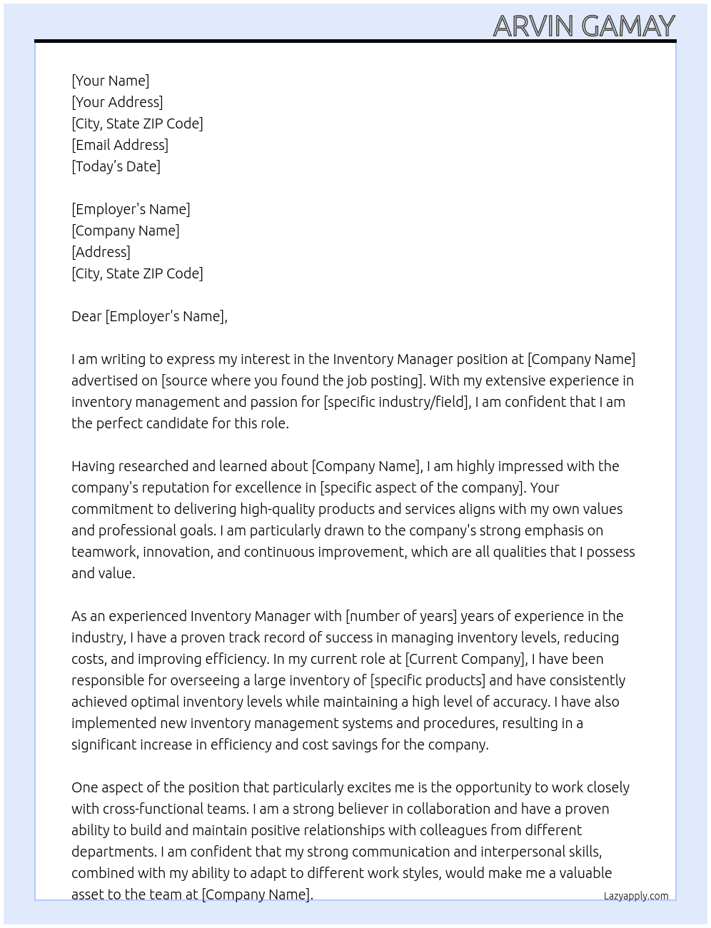 Inventory Manager At s Cover Letter