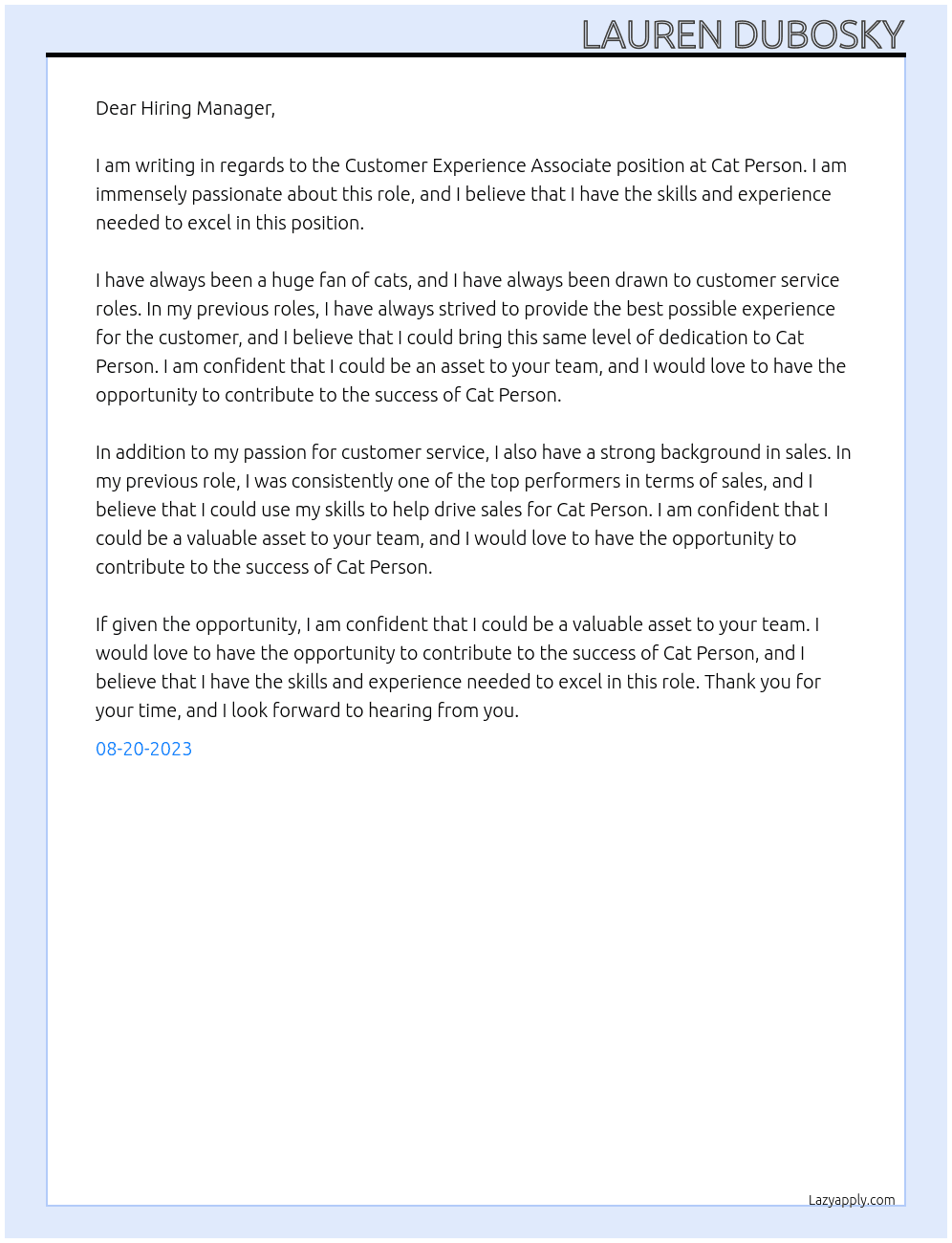 Customer Experience Associate At Cat Person Cover Letter