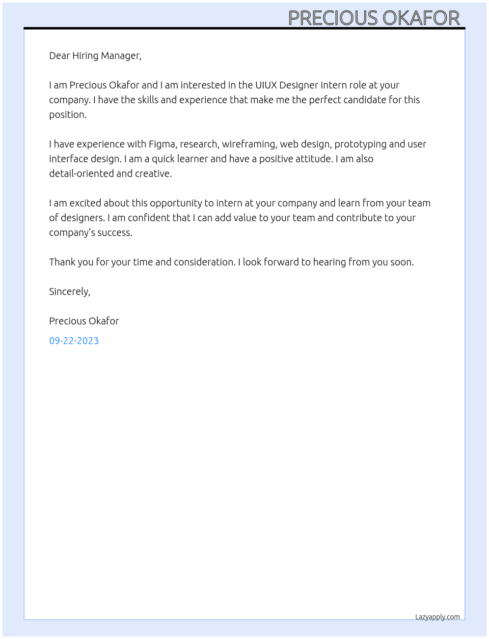 Uiux designer  At Uiux intern Cover Letter