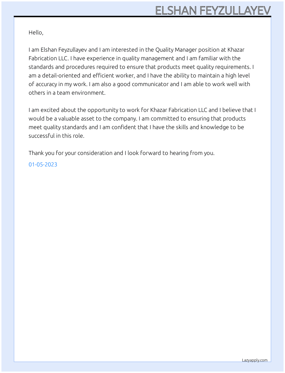 Quality Managaer At Khazar Fabrication LLC Cover Letter