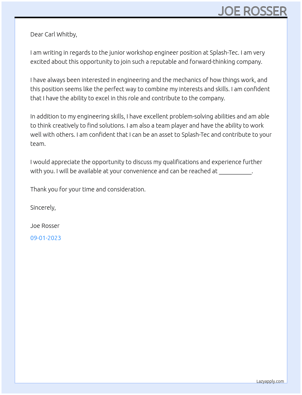 Junior workshop engineer  At Splash-Tec Cover Letter