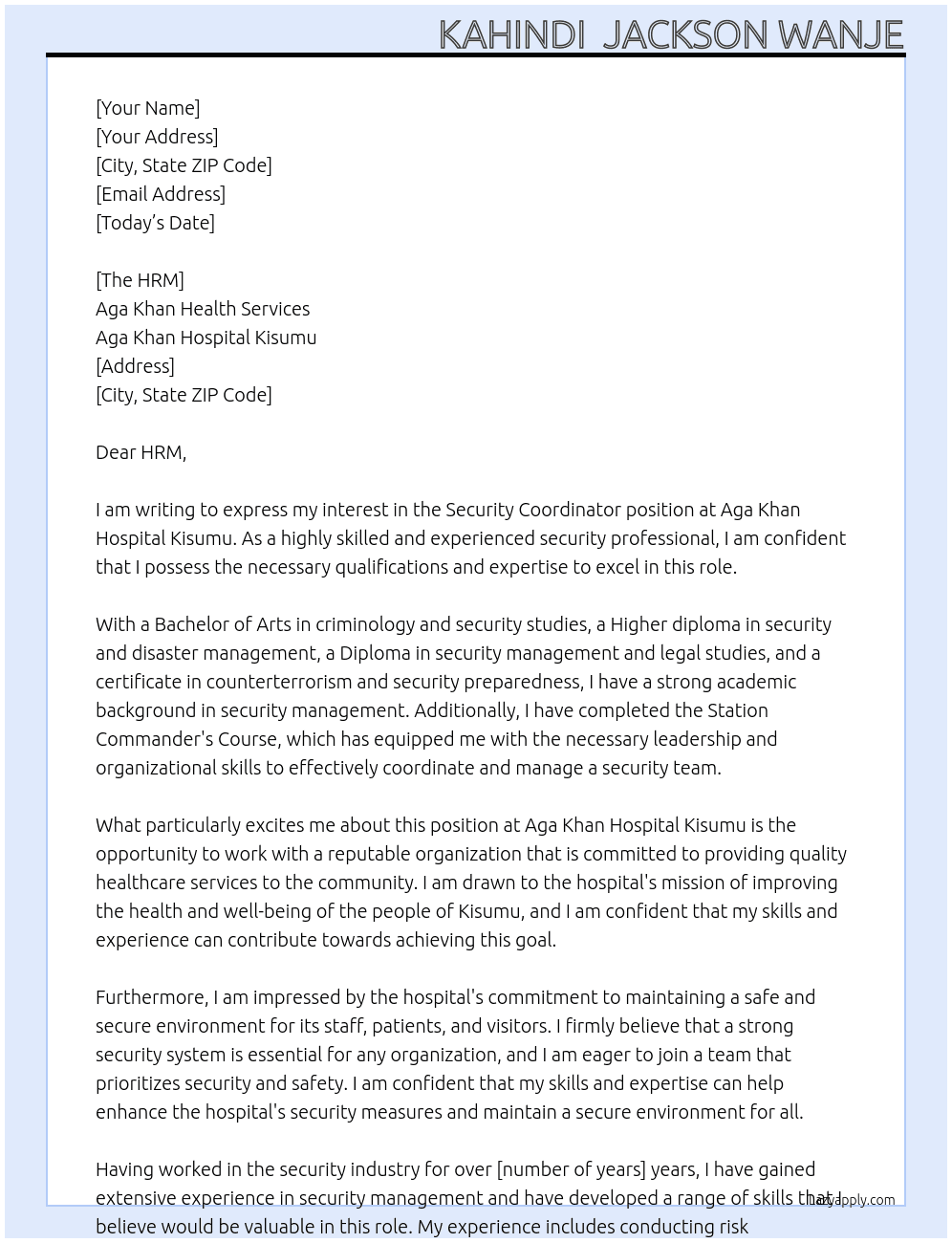 Security Coordinator At Aga Khan Hospital Kisumu Cover Letter