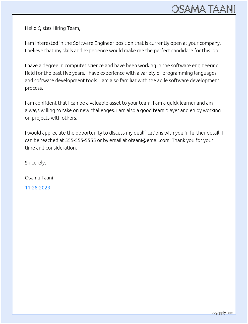 Software Engineer At Qistas Cover Letter