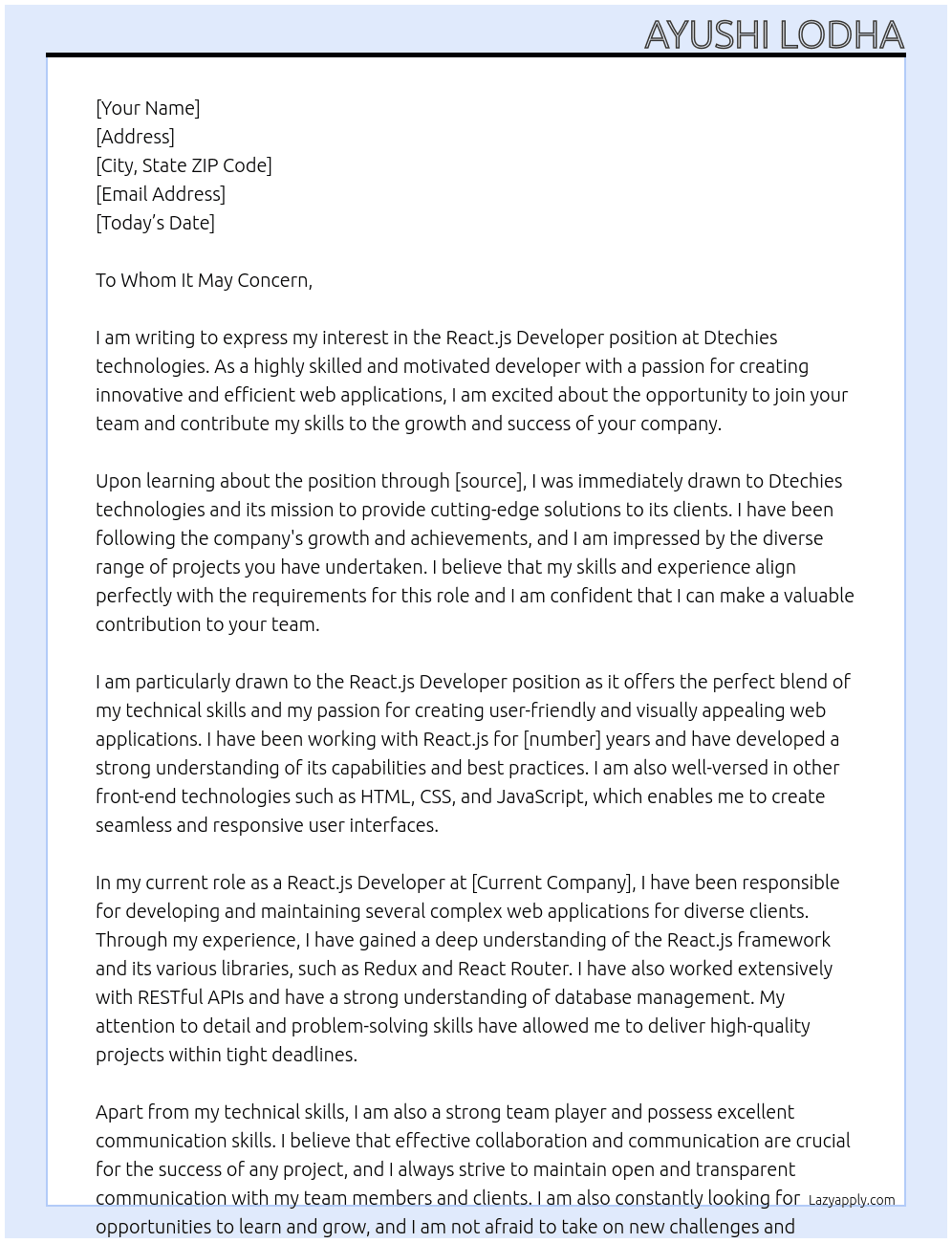 React.js Developer At Dtechies technologies Cover Letter