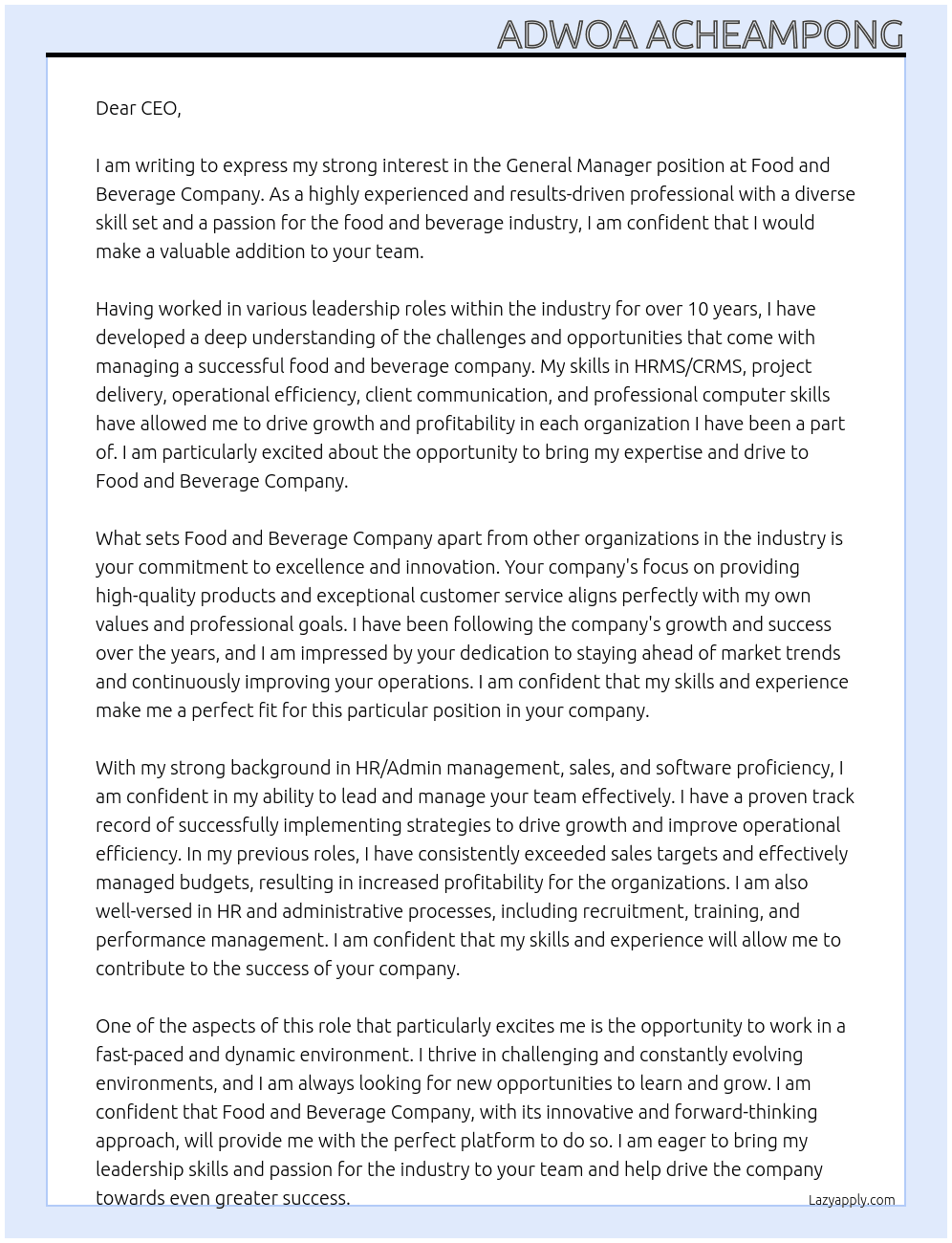 General Manager At Food and Beverage Company  Cover Letter