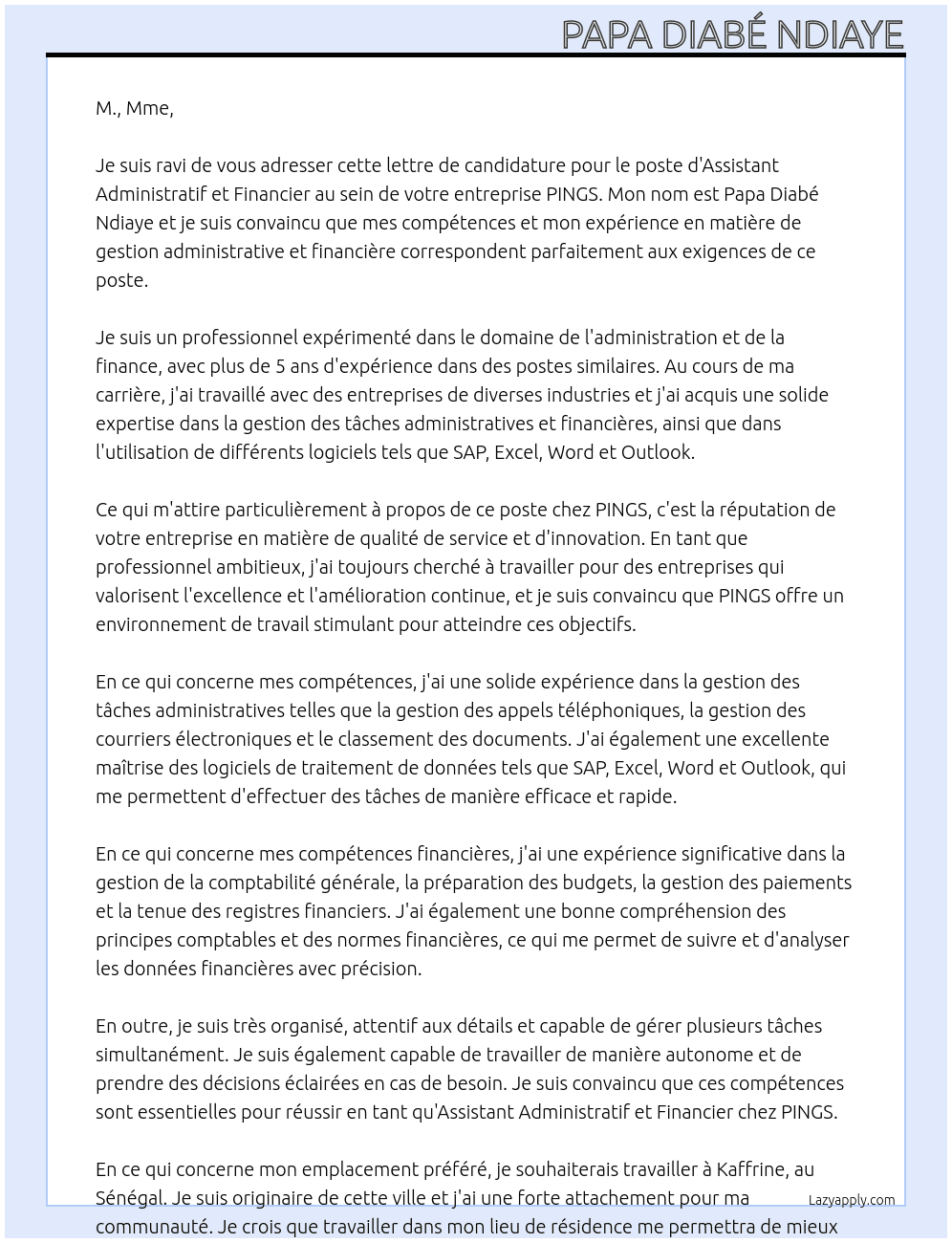 Assistant administratif et financier At PINGS Cover Letter