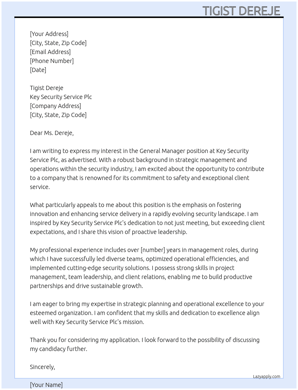 General Manager  At Key Security Service Plc  Cover Letter