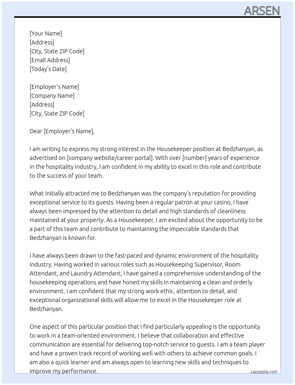 Housekeeper At Bedzhanyan Cover Letter