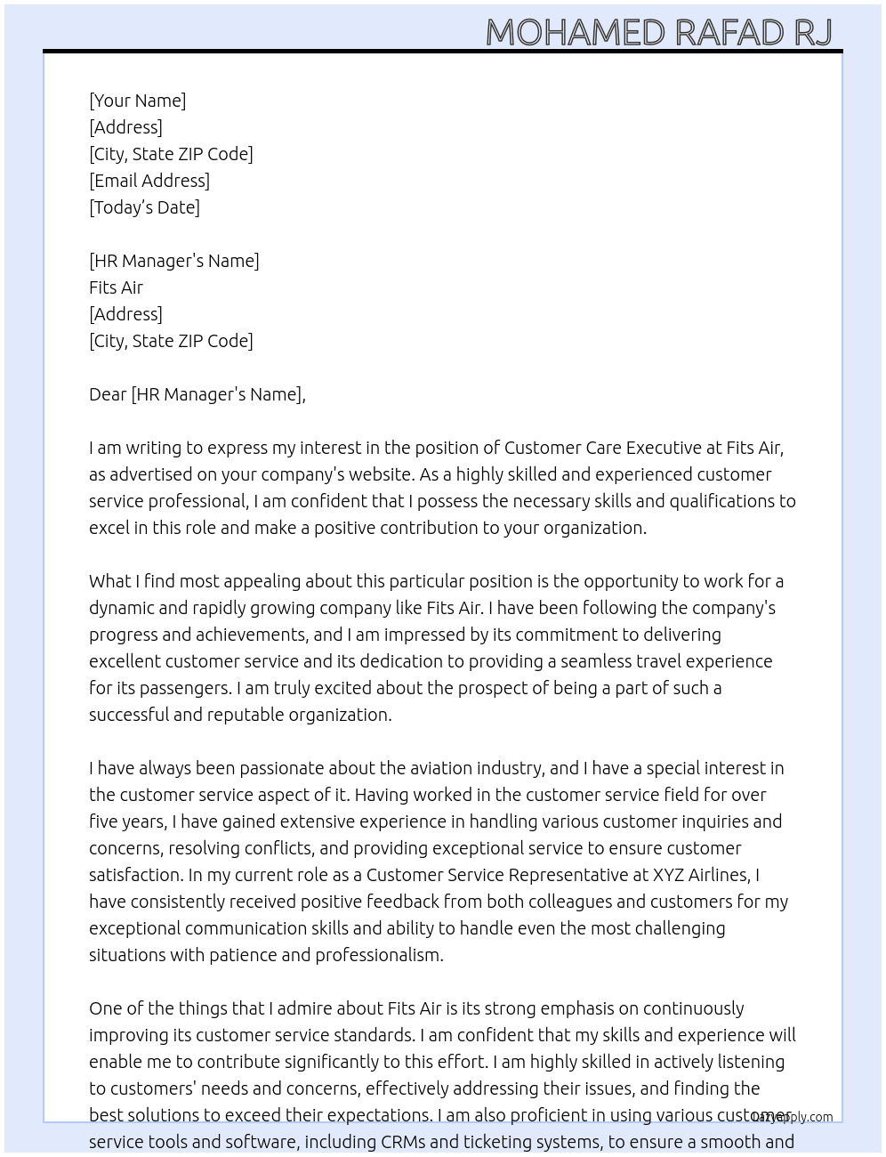 Customer care executive  At Fits air Cover Letter