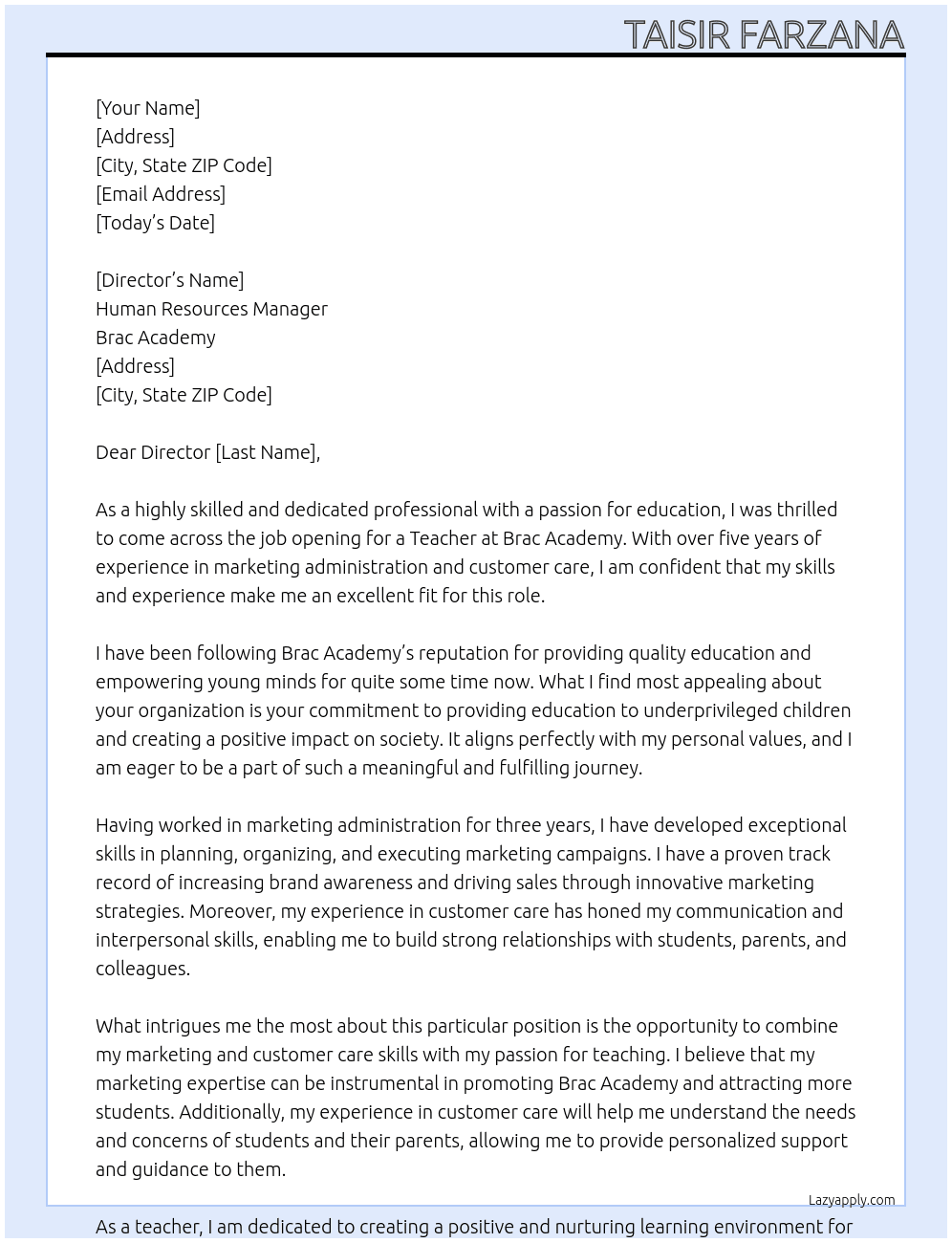 Teacher At Brac Academy  Cover Letter