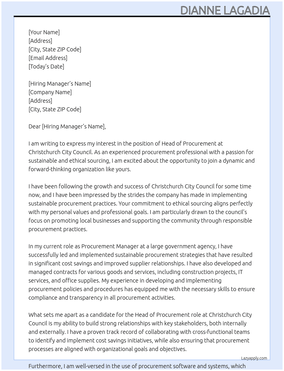 head of procurement At christchurch city council Cover Letter