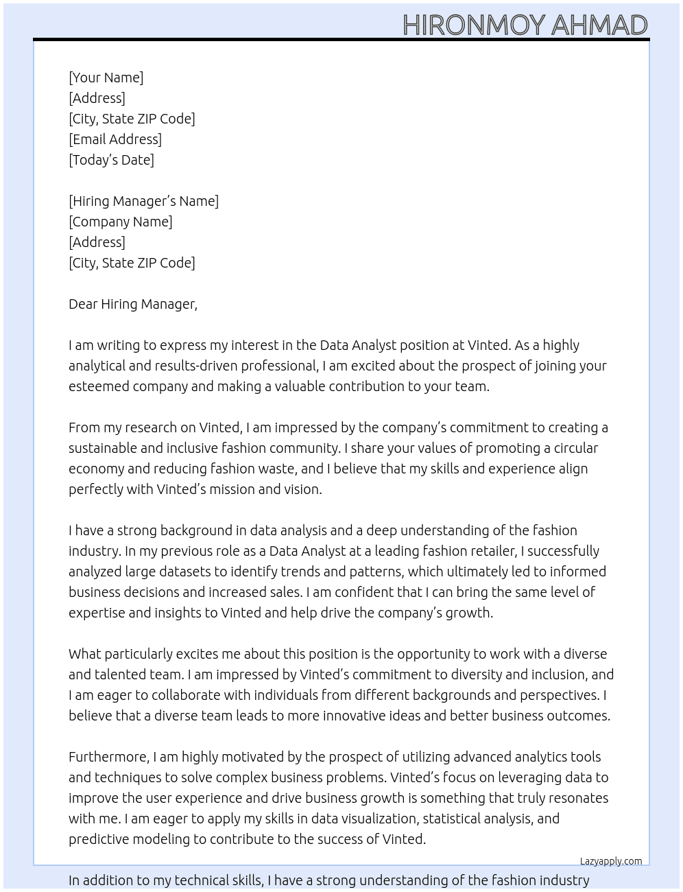 Data Analyst At Vinted Cover Letter