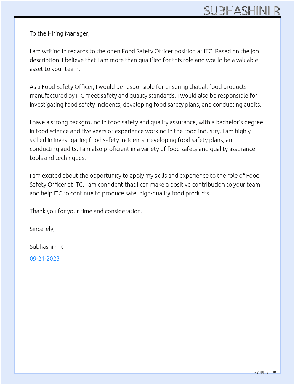 Food safety officer At ITC Cover Letter