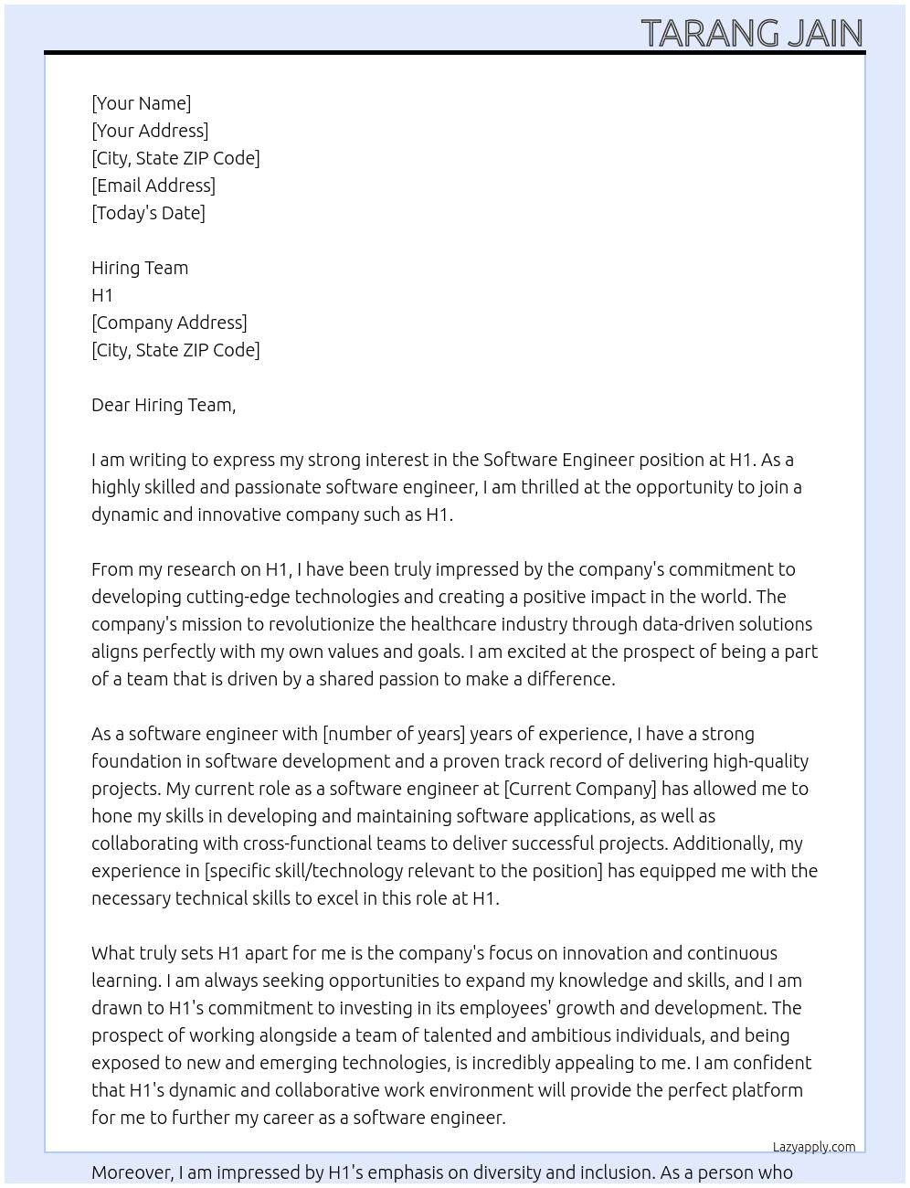 Software Engineer At H1 Cover Letter