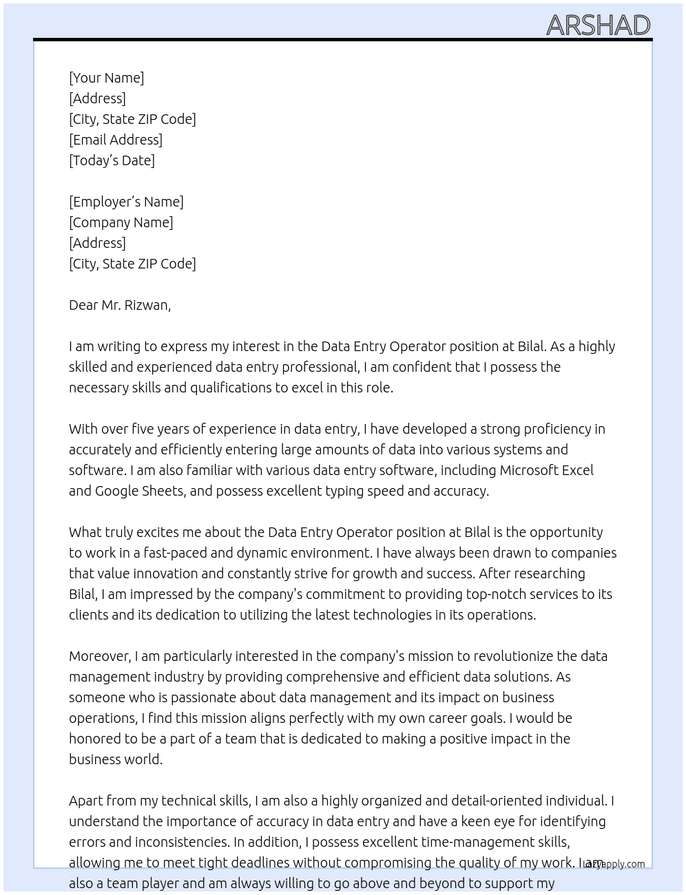 Data entry operator At Bilal Cover Letter