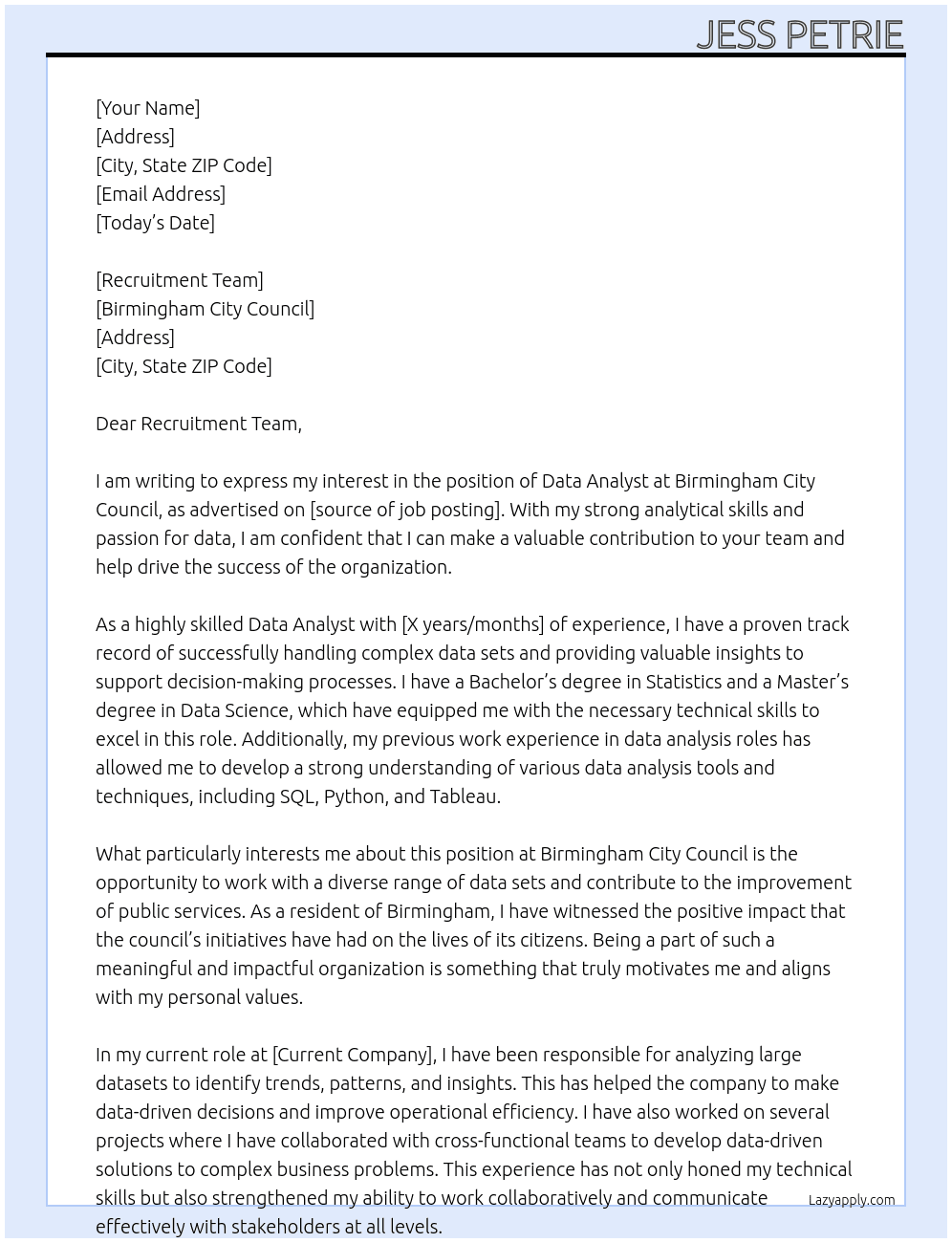 Data Analyst At Birmingham City Council Cover Letter