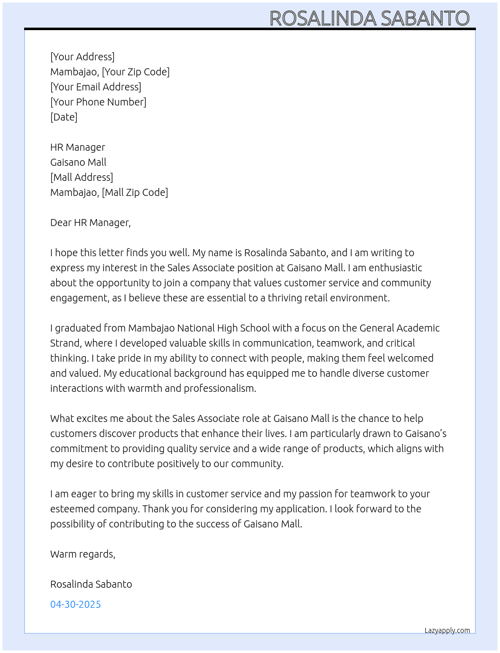 Sales associate  At Gaisano mall  Cover Letter