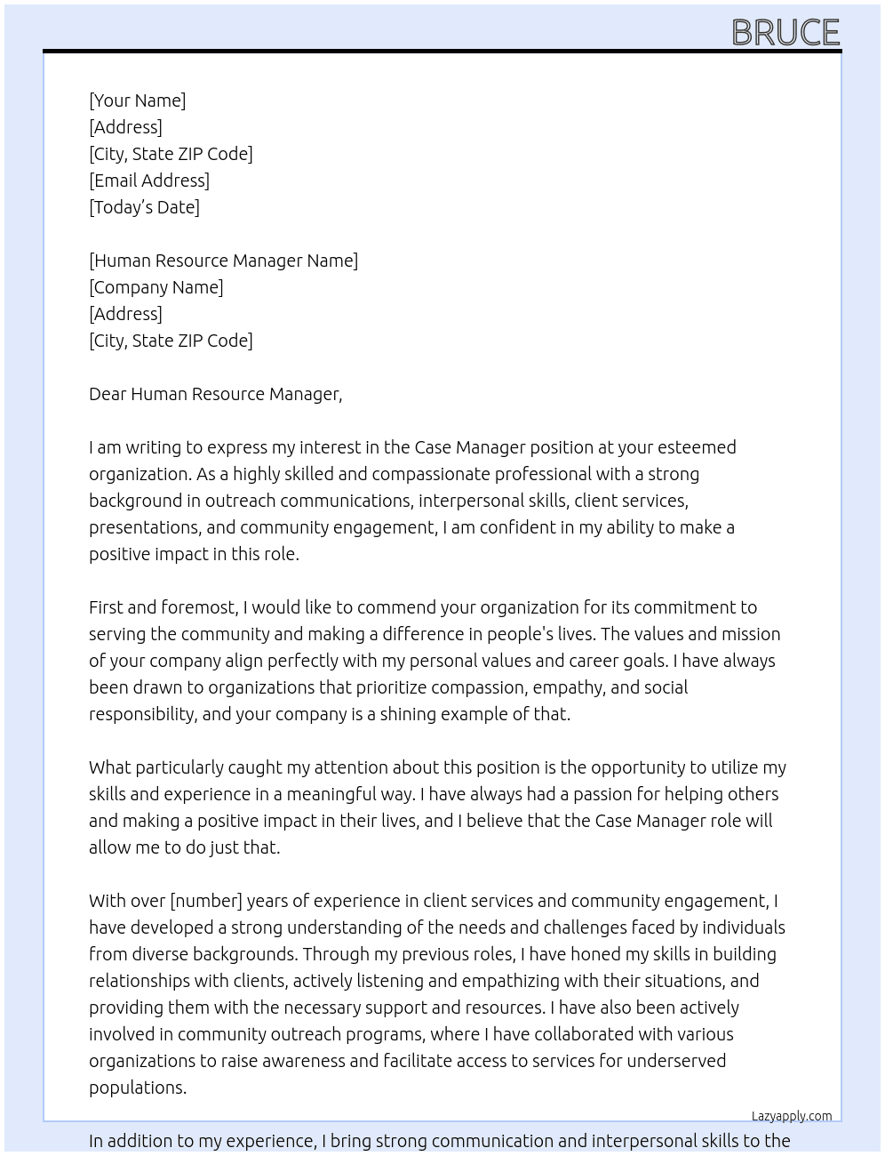 Case Manager At None Cover Letter