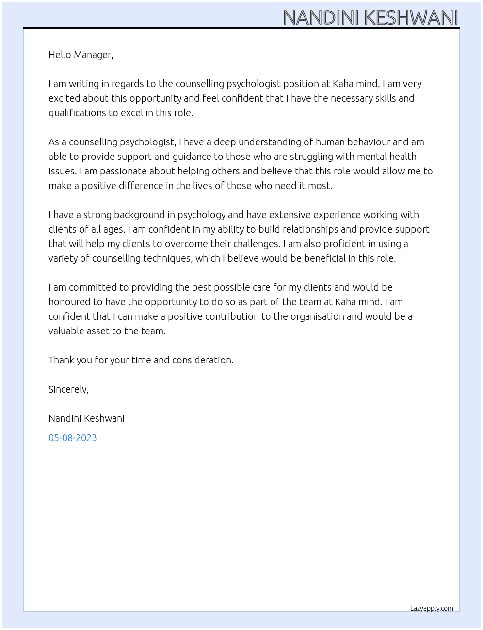 counselling psychologist At Kaha mind Cover Letter