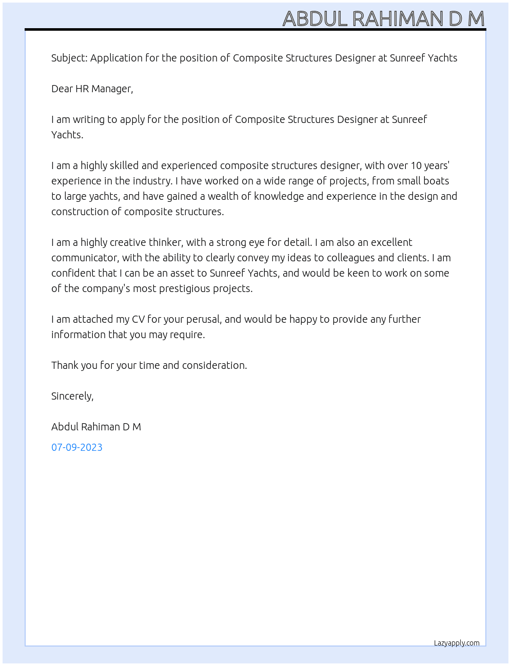 Composite structures designer At Sunreef Yachts Cover Letter