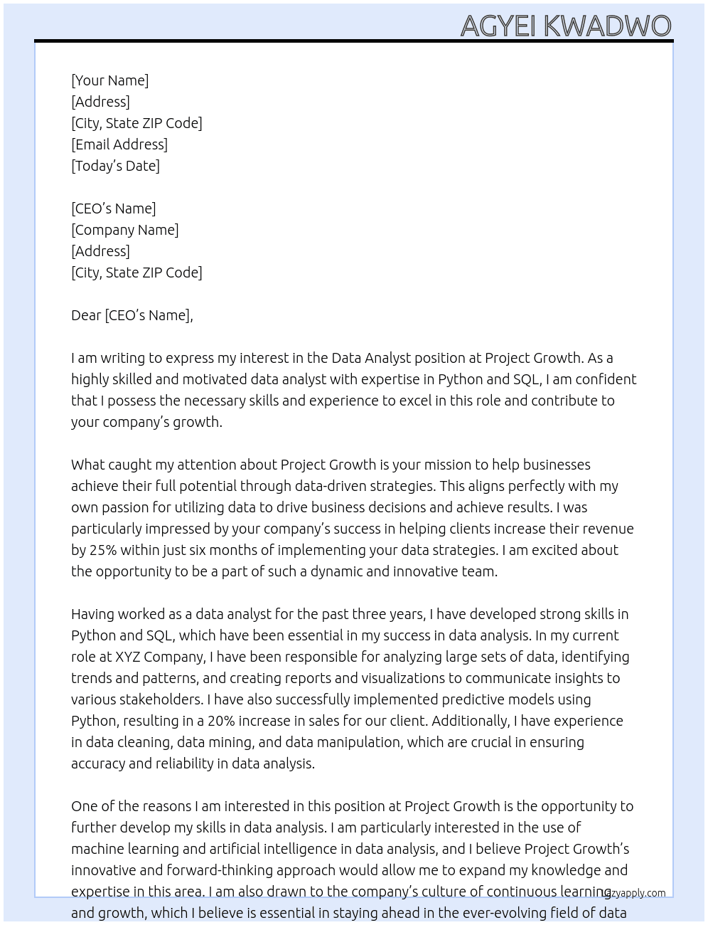 Data analyst At Project Growth Cover Letter