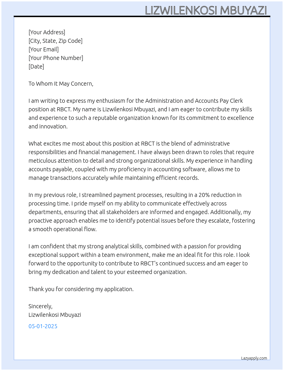 ADMINISTRATION AND ACCOUNTS PAY CLERK At RBCT Cover Letter