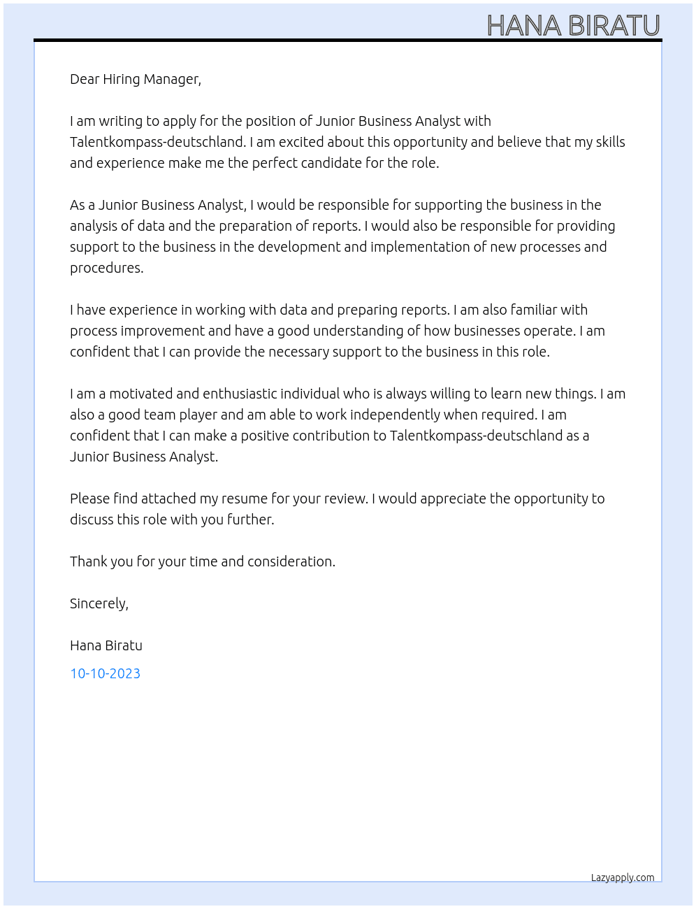Junior Business Analyst At Talentkompass-deutschland Cover Letter