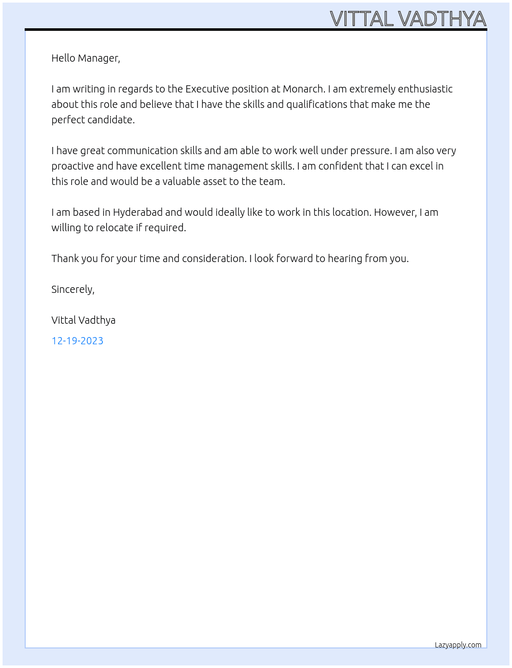Executive At Monarch Cover Letter