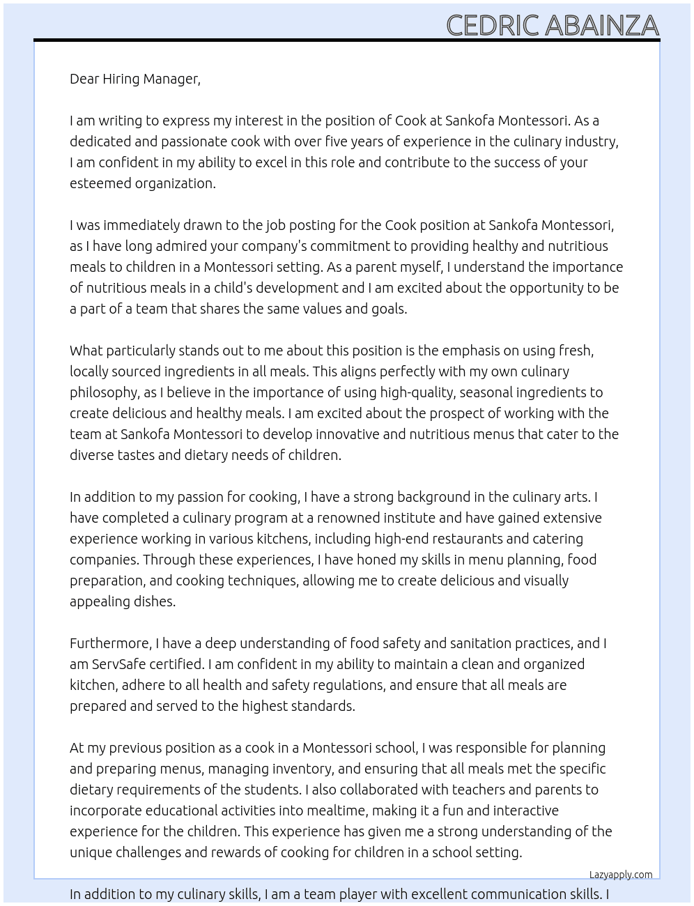 Cook At Sankofa Montessori Cover Letter