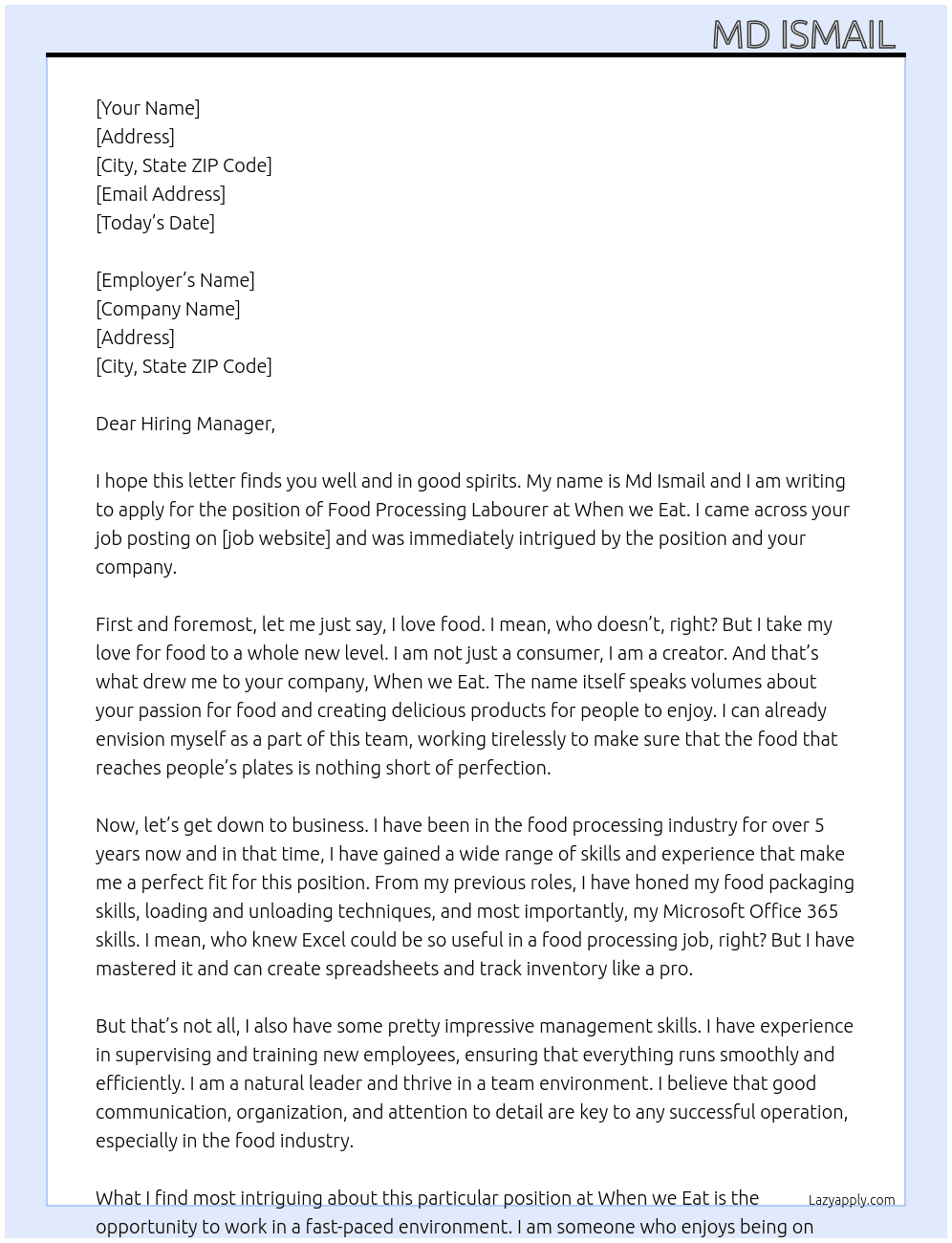 Food Processing Labourers  At When we Eat Cover Letter