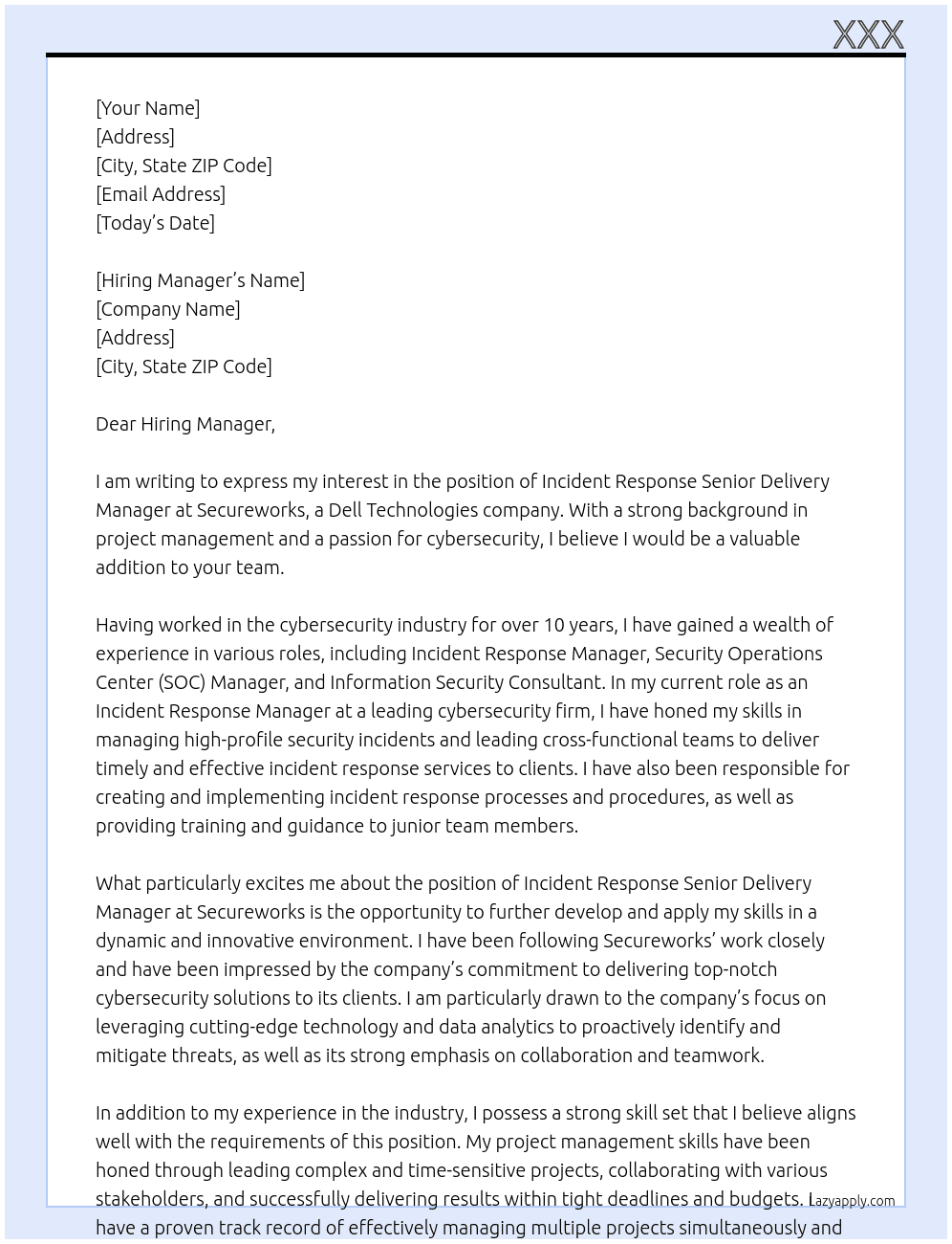 Incident Response Senior Delivery Manager - Secureworks At Dell Techologies Cover Letter