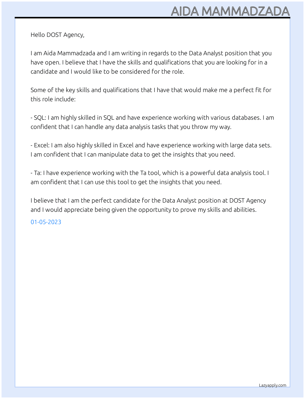 Data Analysy At DOST Agency Cover Letter