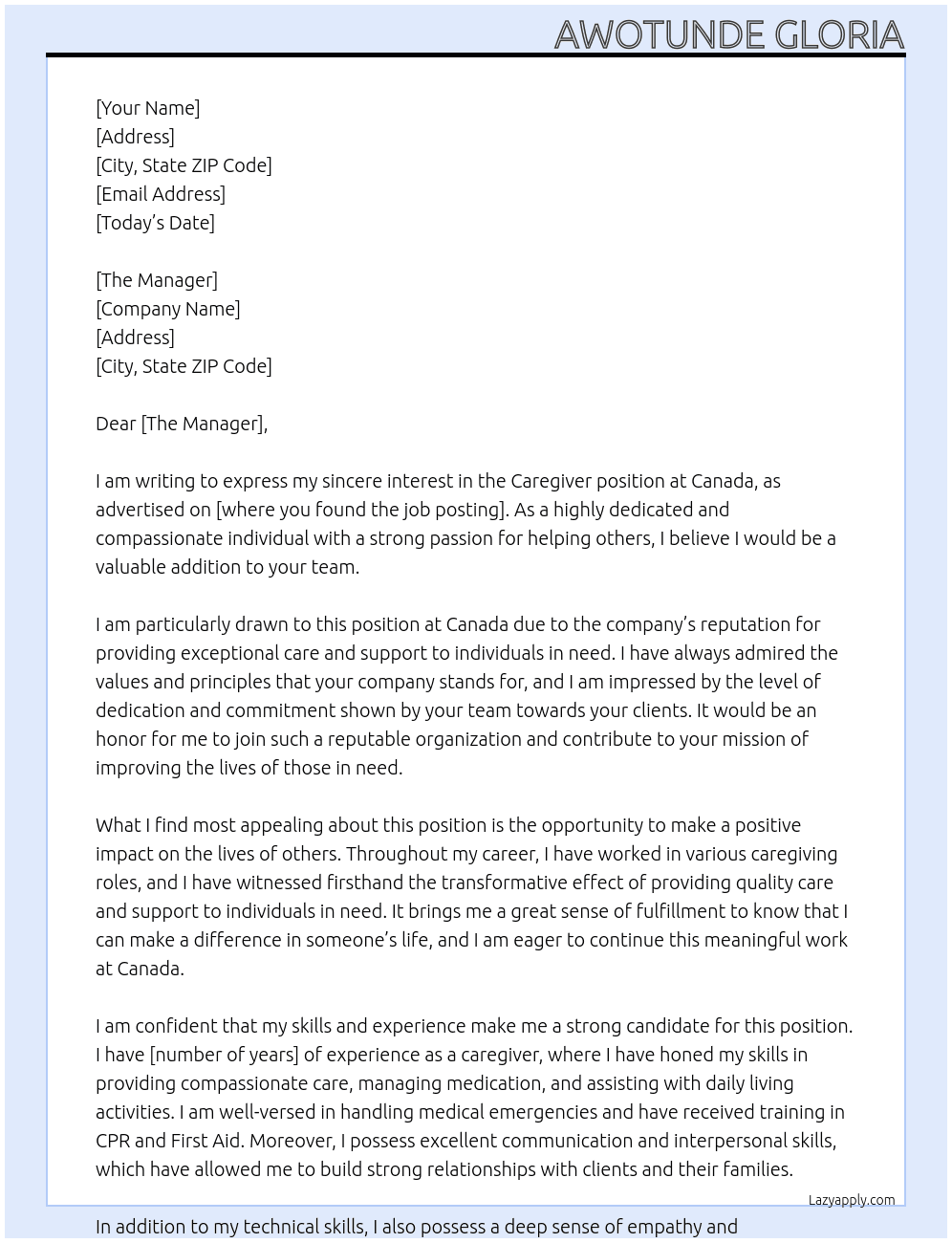 Caregiver At Canada Cover Letter