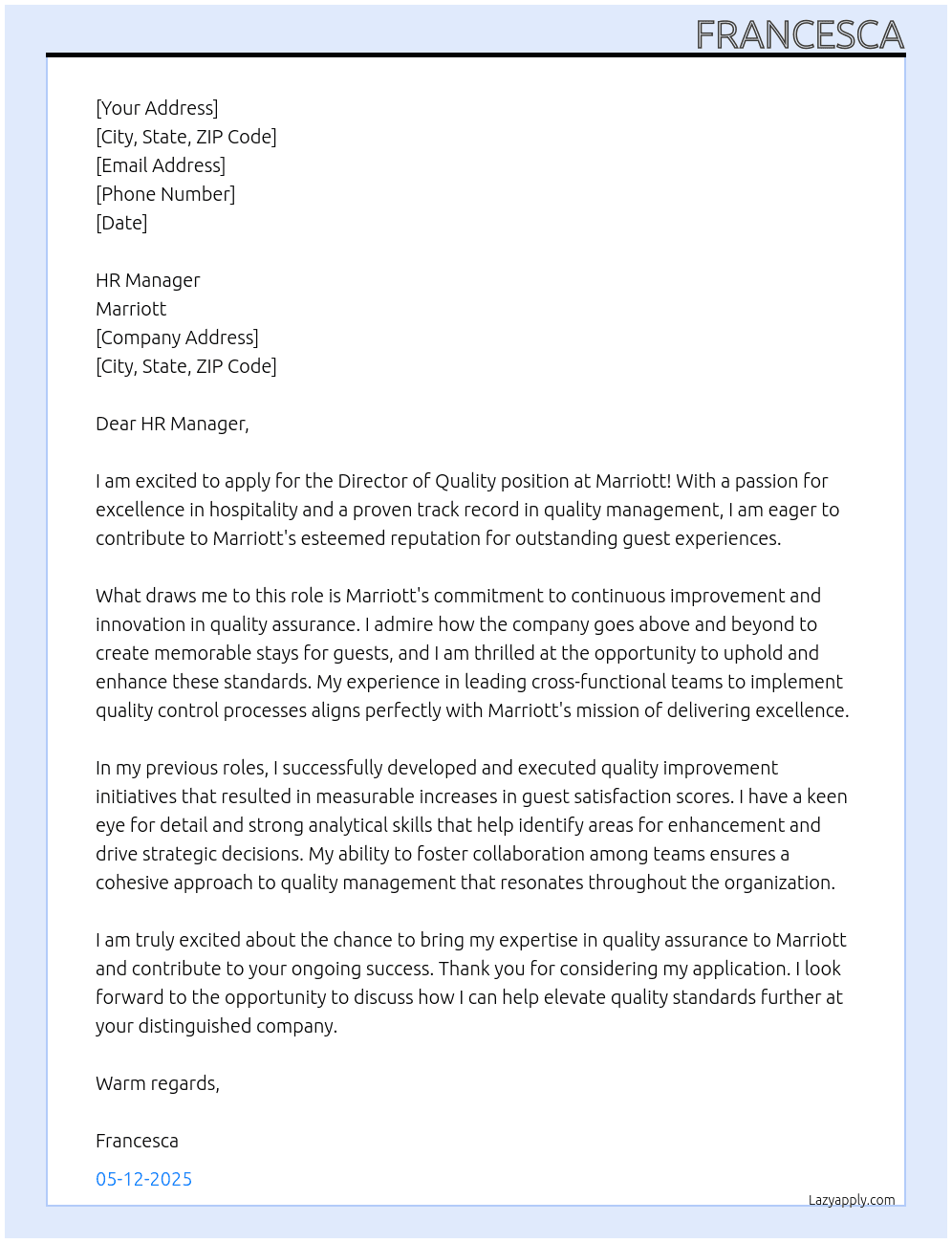 Director of Quality At Marriot Cover Letter